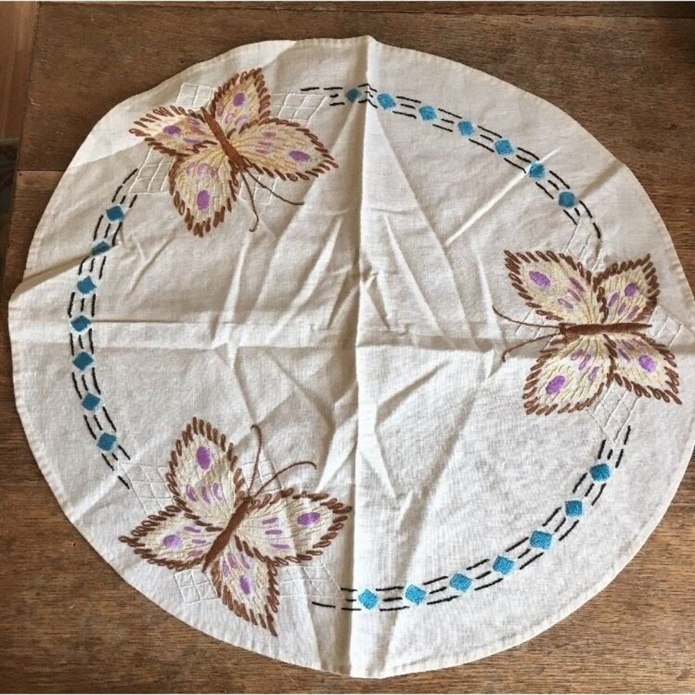 Vintage Embroidered Butterfly Round Doily